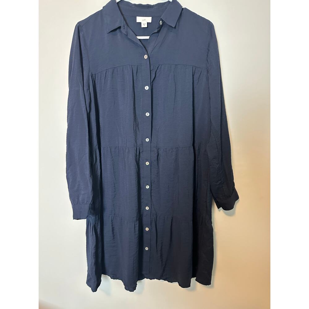 J Jill Womens XS Navy Blue Tiered Shirt Dress Button Front Long Sleeve Casual